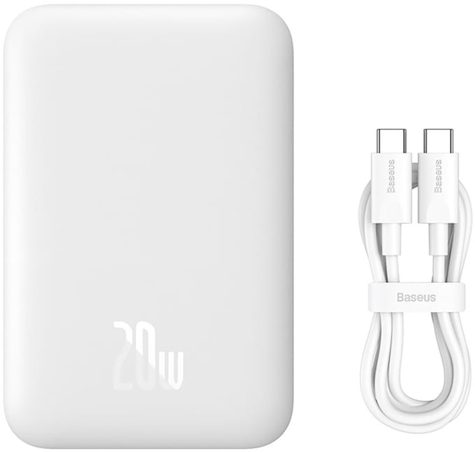 Draadloze Externe Batterij Baseus Magnetic Mini, 6000mAh, 20W, PD + FQI, 1 x QI - 1 x USB-C, Wit P10059002223-00