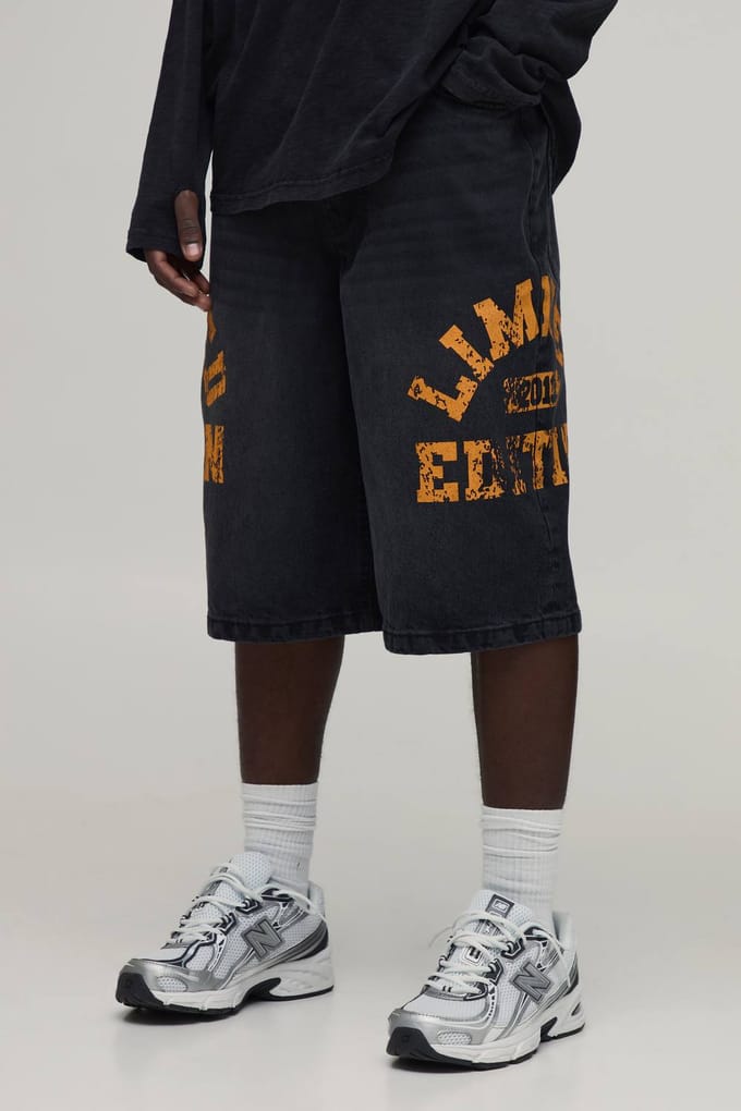 Longline Varsity Print Denim Jorts | Black | Size 36