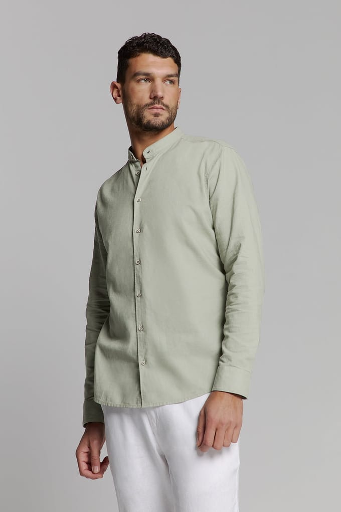 No Excess Shirt Granddad Solid With Linen Light Army Größe: L | Casual hemden Outlet | Herren | Weiß