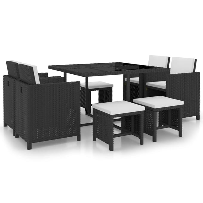 vidaXL - 9-delige - Tuinset - met - kussens - poly - rattan - zwart