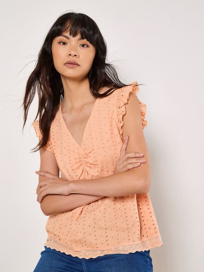 Cotton Broderie Ruffle Shoulder Top