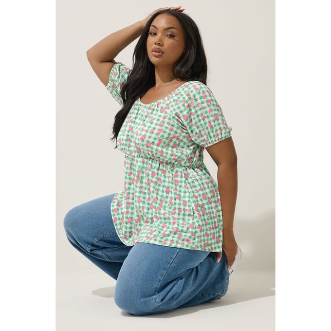 Limited Collection Gingham Top Met Bardothals En Bloemenmotief In Groen Size 46