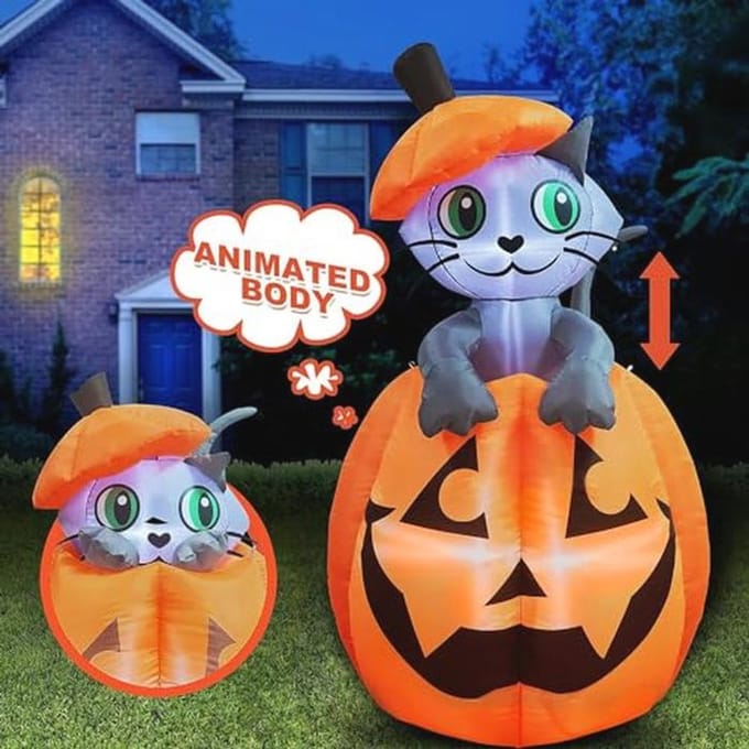 Halloween opblaasbare kat op pompoen met LED verlichting - 1,5 m tuin decoratie