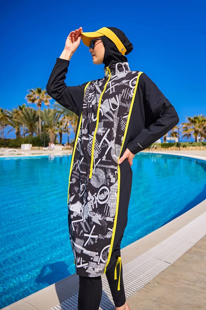 Zwarte, bescheiden badmode Burkini-set met volledige dekking