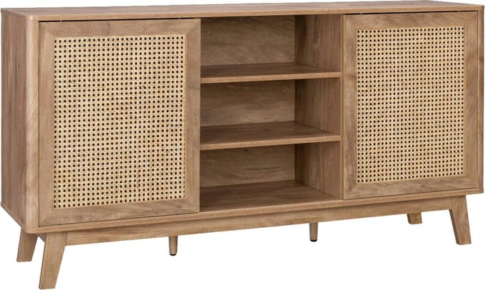 sweeek - Dressoir met 2 schuifdeuren en planken houtdecor en rotan 150cm - mani