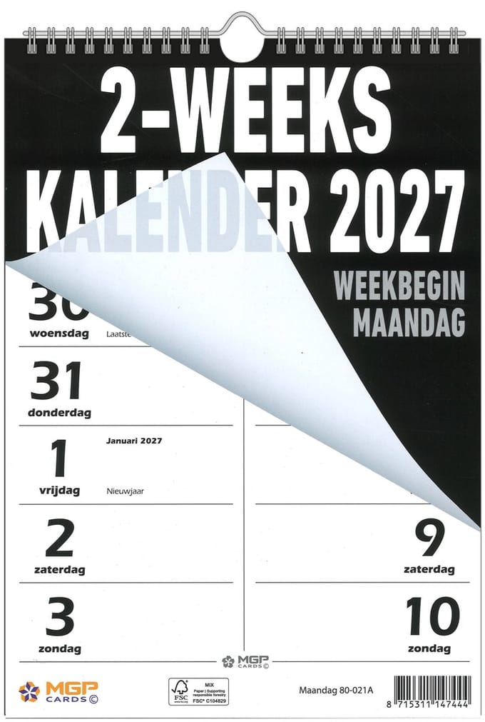 MGPcards - 2-Weeks kalender 2027 - 2 weken 1 pagina - Wire O - Weekbegin maandag - Zwart - 21 x 30 cm
