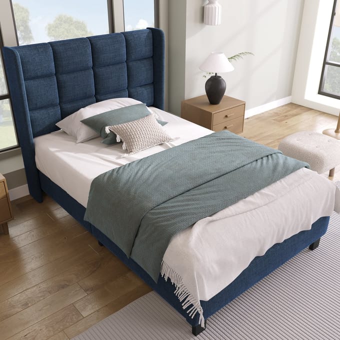 MODFU - Bedframe 90x200 cm – Blauw linnen met zwarte poten – Klassiek design