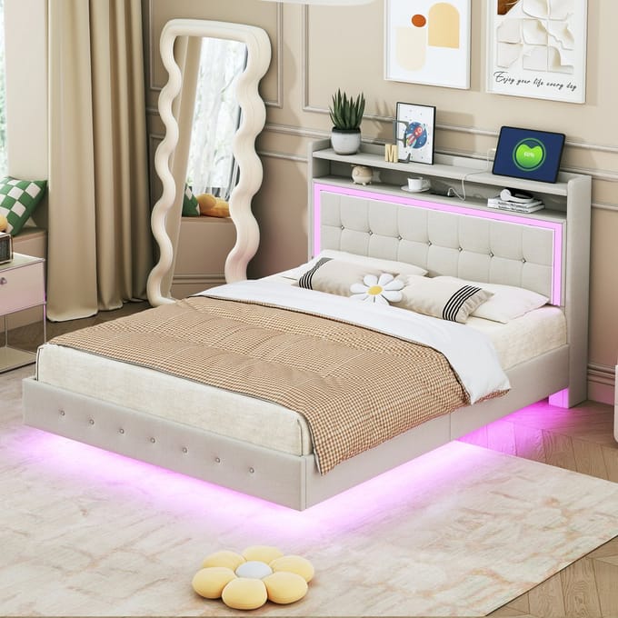REDOM Bedframe 140x200 cm – Linnen beige – Met USB-poort & LED-verlichting – Modern