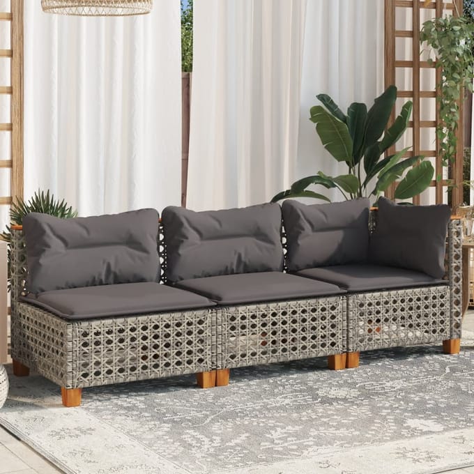 vidaXL - Tuinbank - 3-zits - met - kussens - poly - rattan - grijs