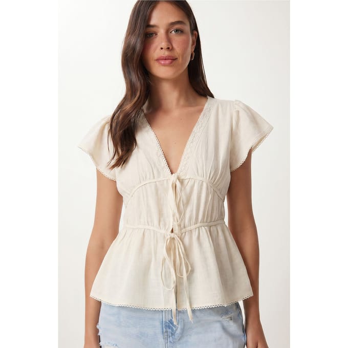Viskose Poplin V-hals Strikblouse