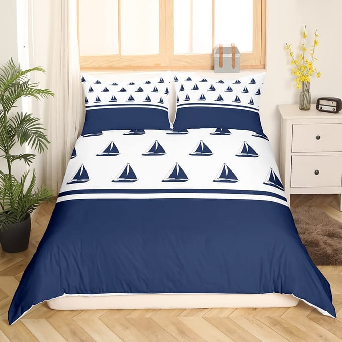 Housse de couette King Queen Voilier nautique Ensemble de literie Bateau à voile côtier Housse de couette Aventure en mer Housse de couette en polyester 228x228cm 3pcs