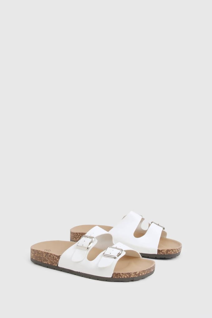 boohoo Dames Double Buckle Footbed Slider | Wit | Maat: 36