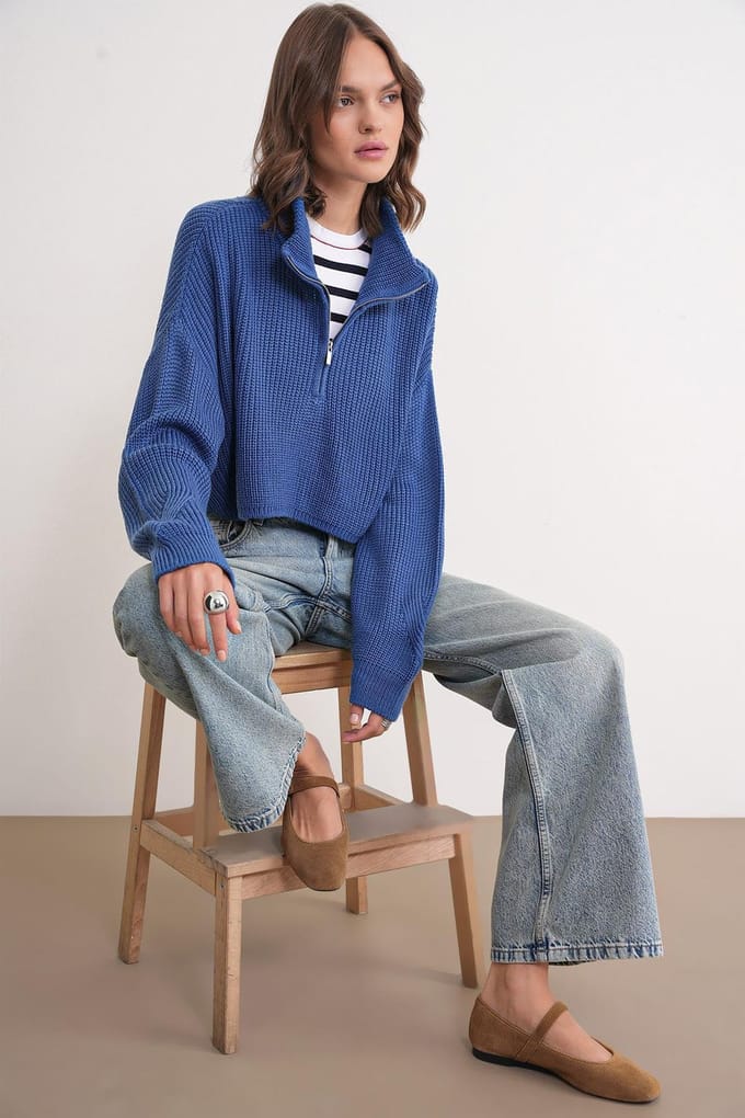 Getextureerde Lange Mouwen Gevoerd Kraag Sweater