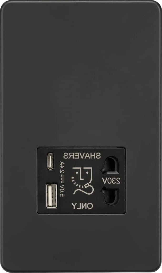Scheerapparaat Socket - Stopcontact met USB - Badkamer Opladen - Schroefloos Ontwerp - 4.3mm Profiel - Antraciet
