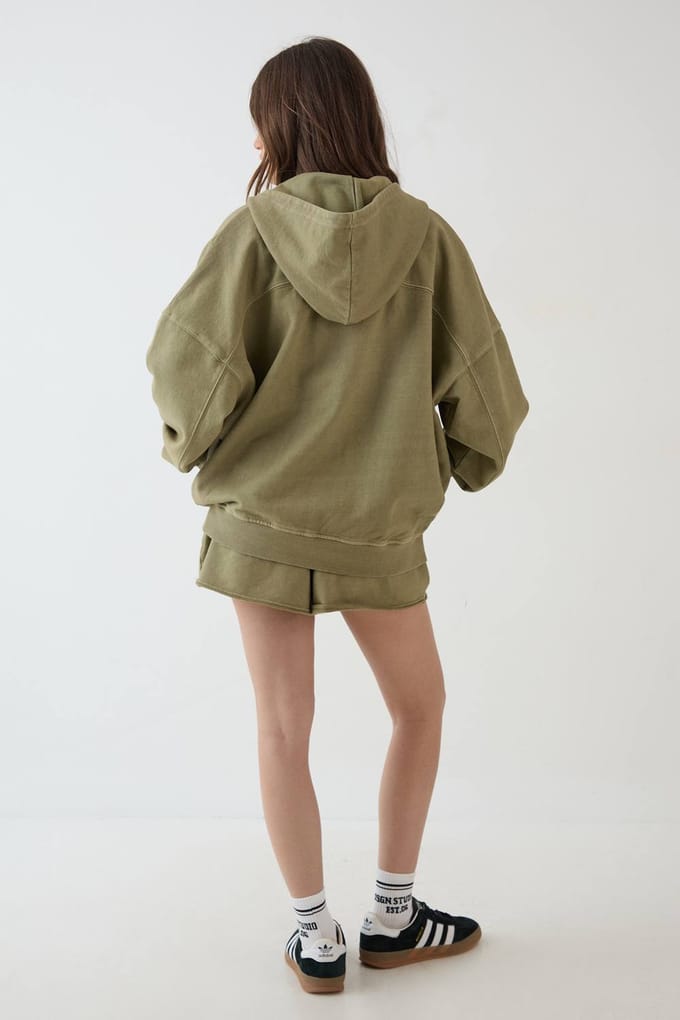 Dames Dsgn Studio Zwaargewicht Gewassen Oversized Hoodie Met Rits | Washed Khaki | Maat: Small