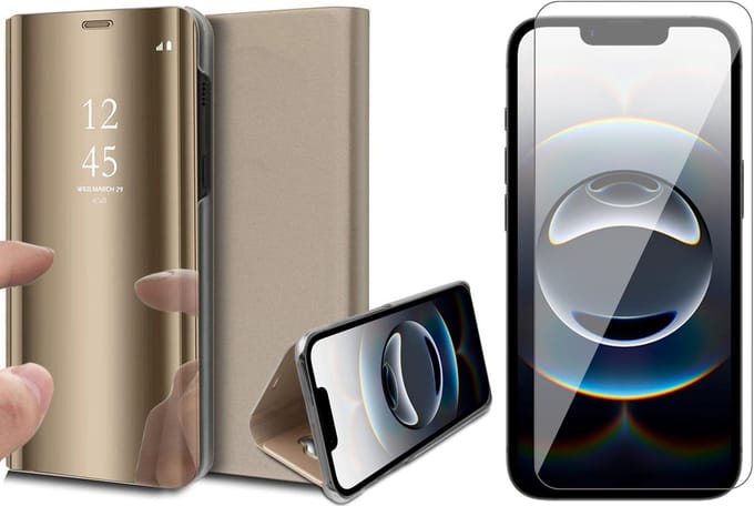 Hoesje geschikt voor iPhone 16e - Screenprotector Glas - Spiegel Book Case Goud
