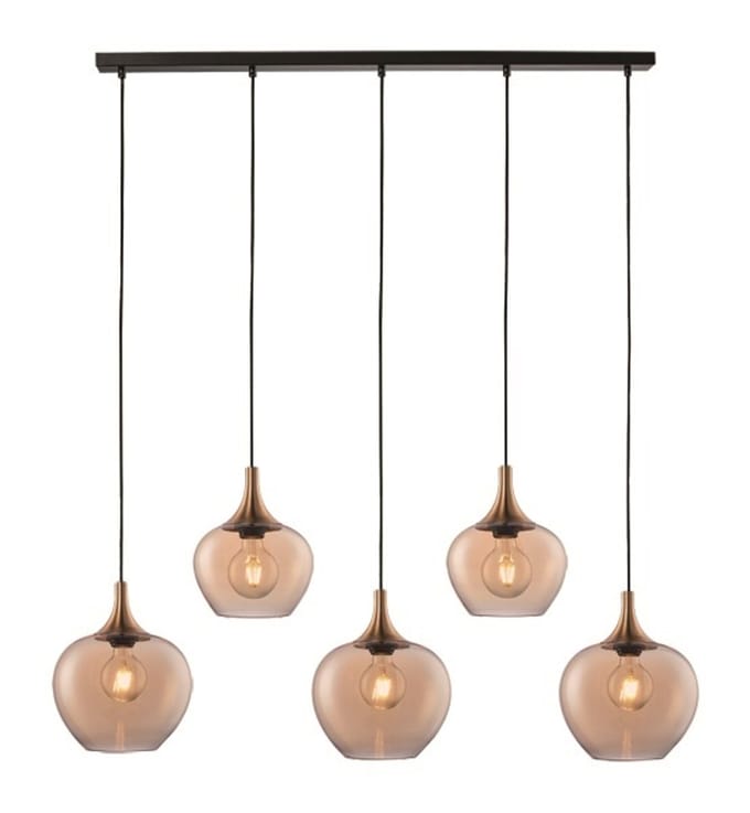 Freelight Hanglamp Fresu Amber Glas Ø 19 & 24cm 5 Lichts Balk