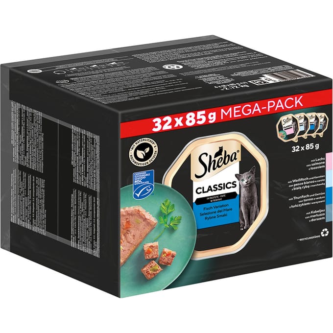 32 x 85 g of 120 x 85 g Sheba natvoer voor katten + 180 g Dreamies met Kip kattensnack gratis! - Classics in Paté Variaties in Kuipjes 32 x 85 g