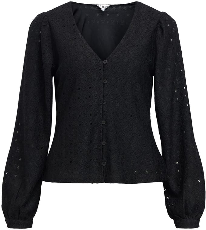 Object zwarte dames blouse   V-hals   Regular fit   Structuur patroon   Duurzaam   Lange mouw Zwart XL