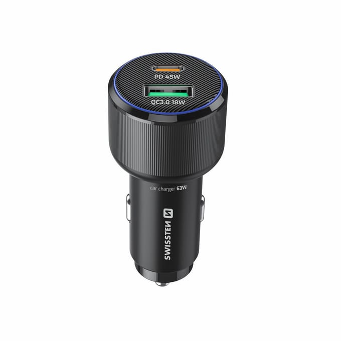 Swissten Autolader 63W - USB-A + USB-C Poort - Snellader - Zwart