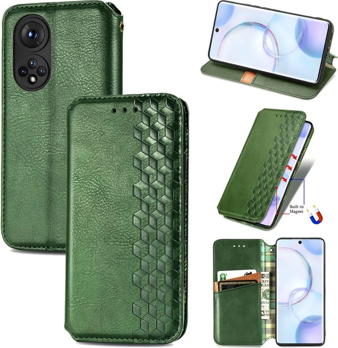 Luxe PU Lederen Ruitpatroon Wallet Case + PMMA Screenprotector voor Honor 50 _ Groen