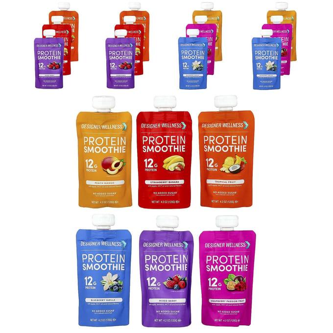 Designer Wellness, Eiwit Smoothie, Proef Variëteitenpakket, 12 Pakjes, 120g (4,2 oz) Elk