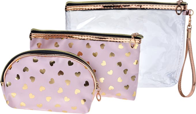 Juleeze Toilettas Dames Set van 3 23x17 / 20x13 / 18x12 cm Roze Goudkleurig Polyester Hartjes