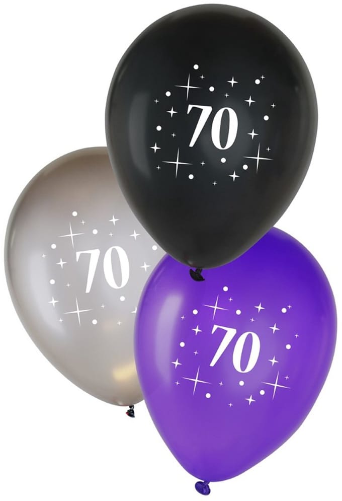 Leeftijdballon 70  per 6 metallic  zwart zilver paars 12 inch