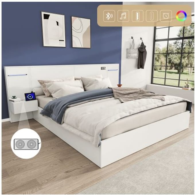 Lit double - MUVOE - 180x200 cm - Bois blanc - Connexion USB - Matelas intégré wit