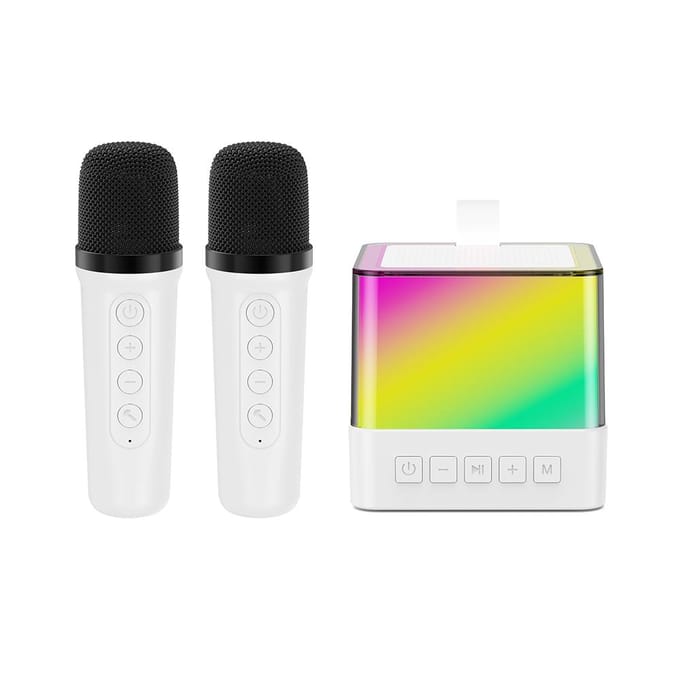 Mini Machine à karaoké, Microphone et haut-parleur sans fil, ensemble avec 2 microphones, lumière colorée LED, portable blanc