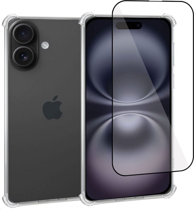 Geschikt voor Apple iPhone 16 Plus - Hoesje + Screenprotector – Full Cover Gehard Glas + Shock Proof Case – Transparant