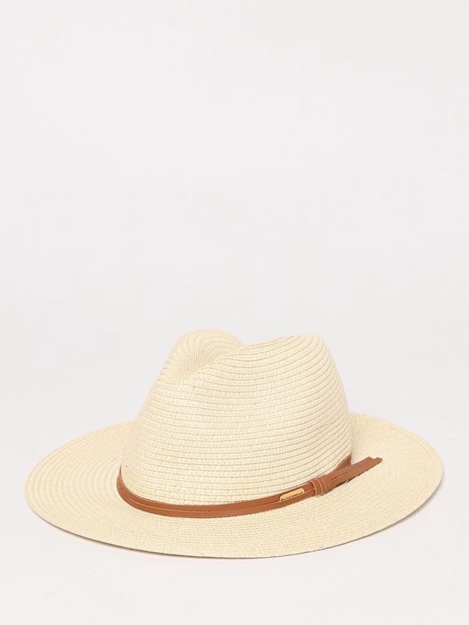 Straw Fedora Hat with Leather Band Wo - Beige
