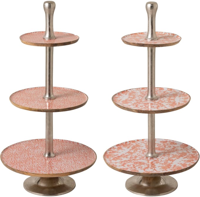 J-Line plateau 3 Niveaus - hout - oranje/wit - set van 2