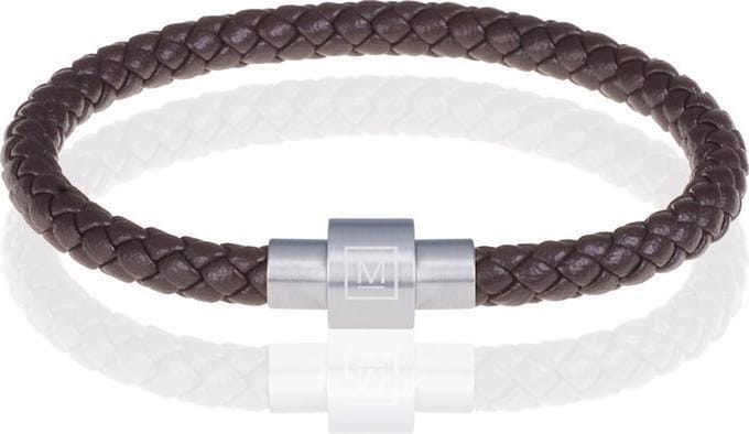Memphis armband leer met edelstaal Donkerbruin Zilver-19cm