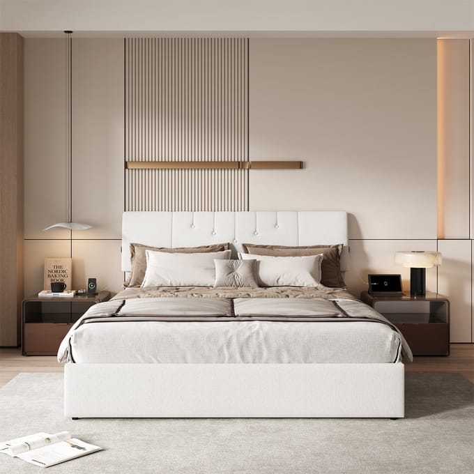 Opbergbed 140x190 Wit Teddy – met USB & Verstelbaar Hoofdbord