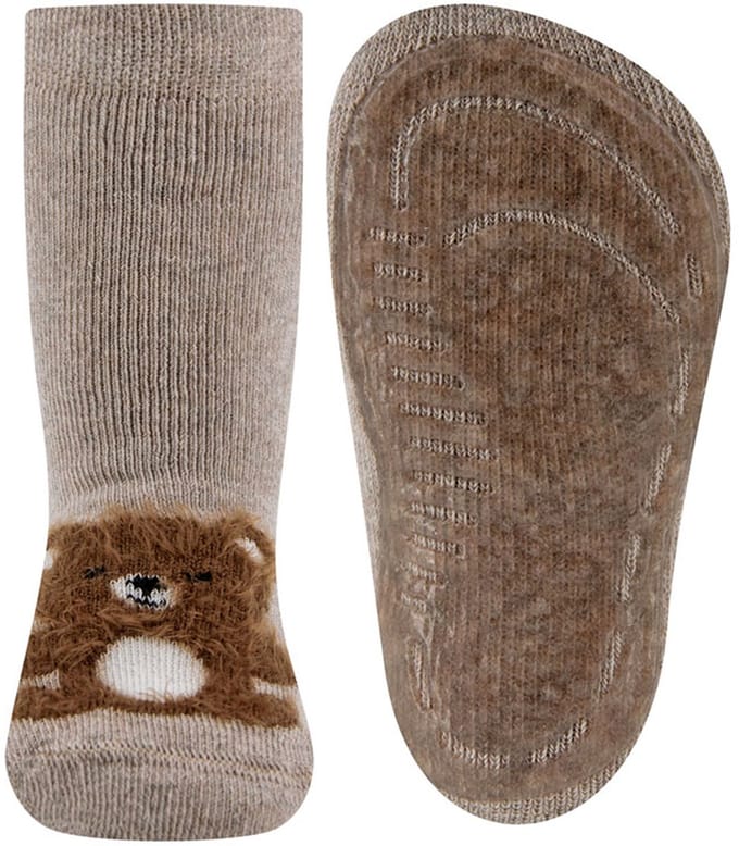 Antislipsokken Ewers Kindermaat - Beige met Fluffy Teddybeertje Bruin - Siliconenzool-25/26