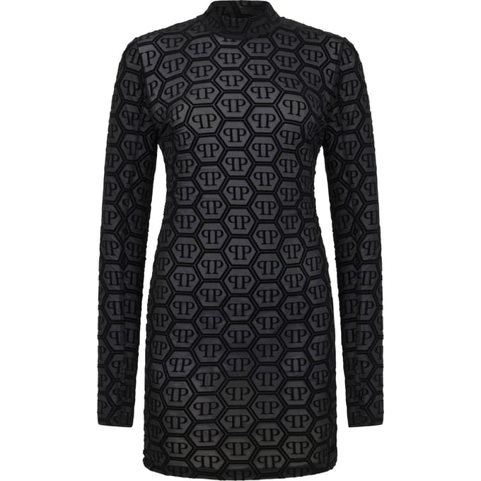 Tulle Long-Sleeved Mini Dress Monogram Jacquard