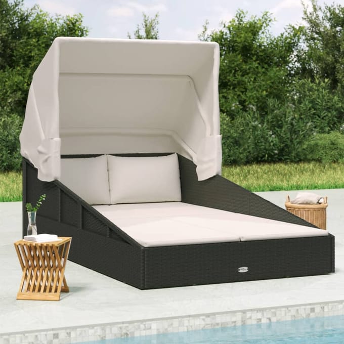 vidaXL - Ligbed - met - inklapbaar - dak - 200x114x128 - cm - poly - rattan - zwart