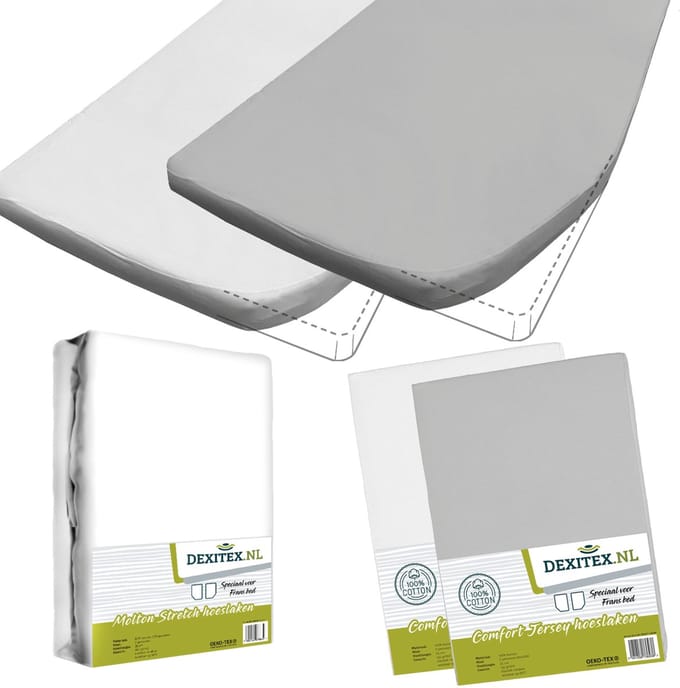Dexitex Textielpakket Frans bed - 1 molton met 2 hoeslakens - rechts 1 Wit + 1 Licht grijs