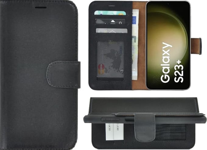 MoDo hoesje geschikt voor Samsung Galaxy S23+ - Echt Leer Book Case - Zwart