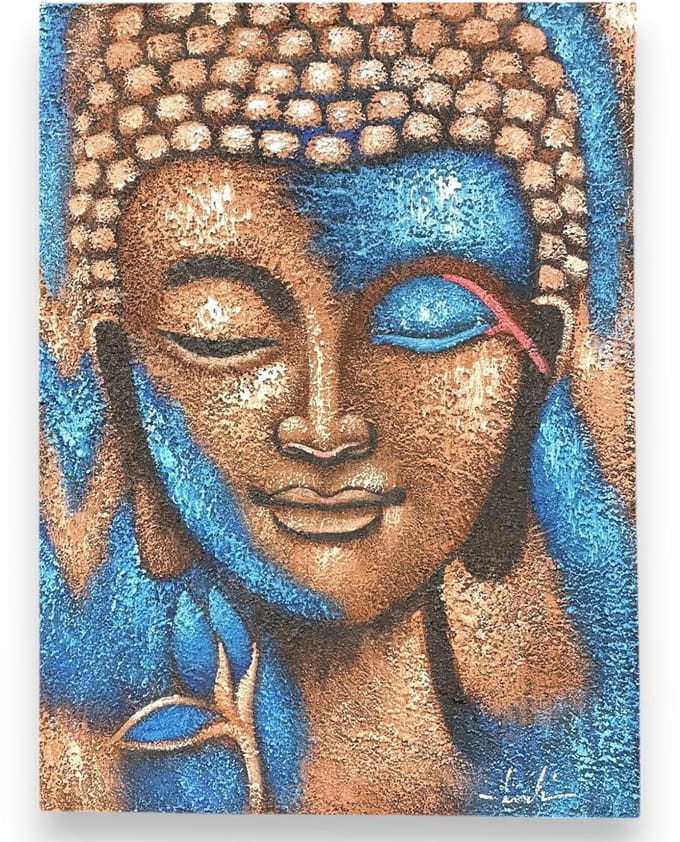 Boeddha-schilderij - Brons & Blauwe Bloem 75x55cm