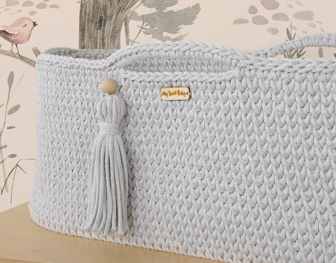Moses mand BOHO Handgemaakt katoen met matras - lichtgrijs