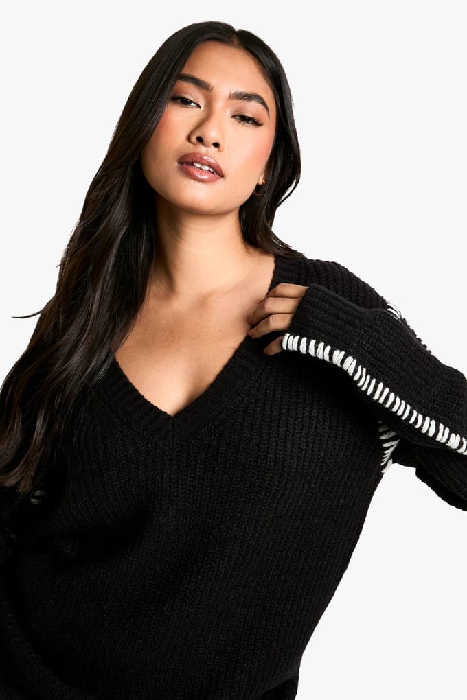 boohoo Dames Premium Contrast Trim V-hals Longline Jumper | Black | Maat: Small