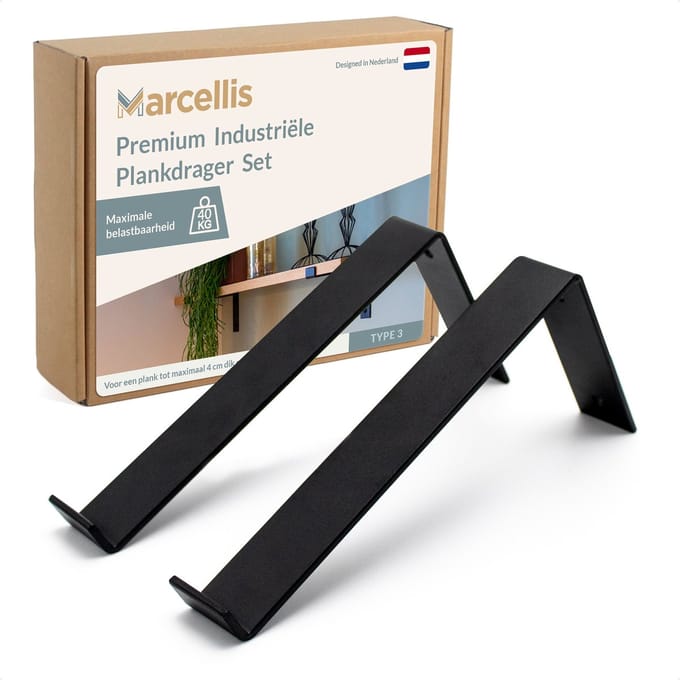 Marcellis - 2x Industriële plankdrager - Voor plank 25cm + schroefset - mat zwart - staal - T3