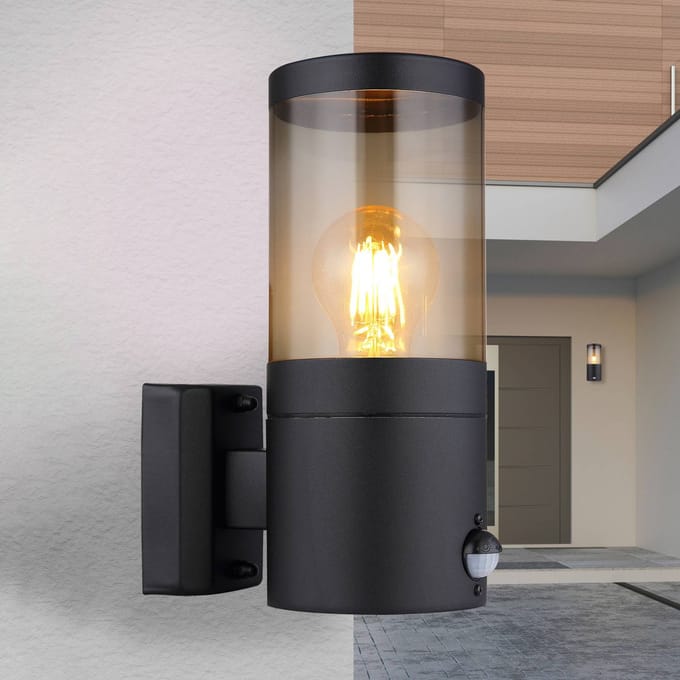 Globo Xeloo buitenwandlamp, sensor, zwart/rookgrijs, IP44, E27