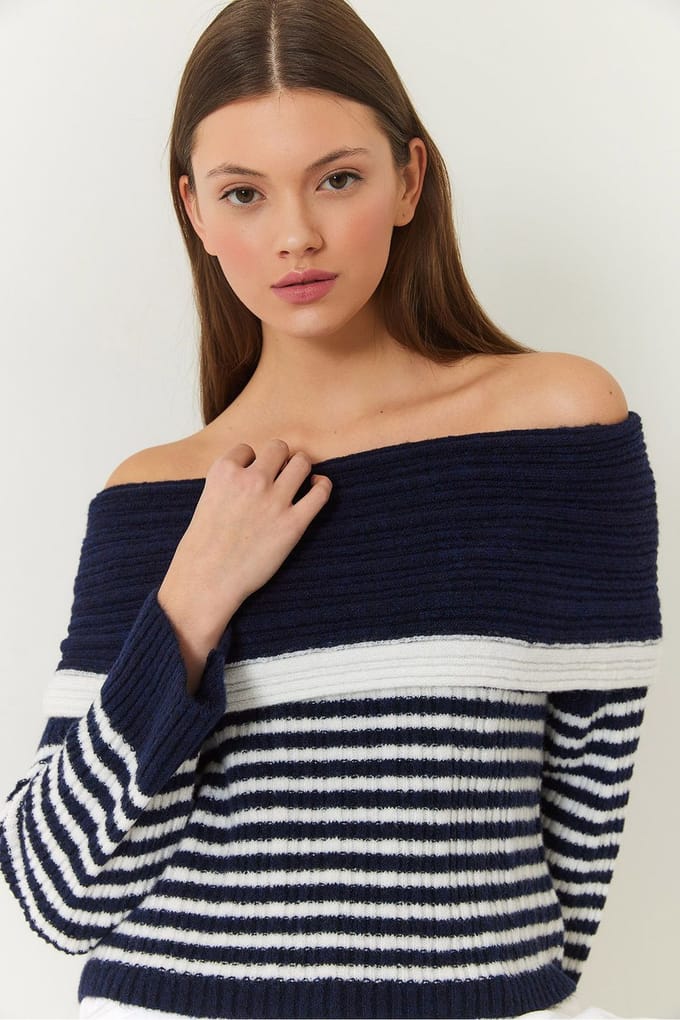Gestreepte Strapless Brei Sweater