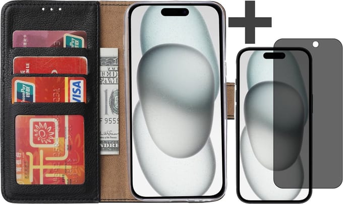 Hoesje met Privacy Screenprotector Geschikt voor iPhone 15 – Arara bookcase met pasjeshouder - Zwart