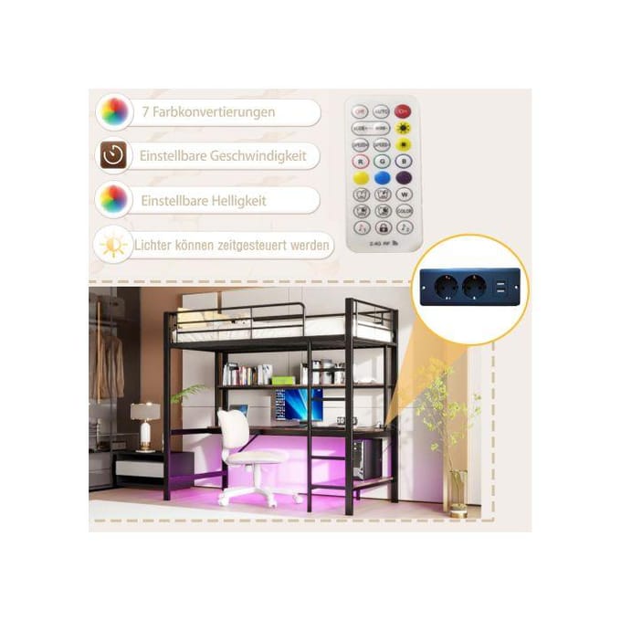 Lit enfant - MUVOE - Hochbett 90x200 cm - Métal et MDF - Éclairage LED - Prises USB intégrées noir