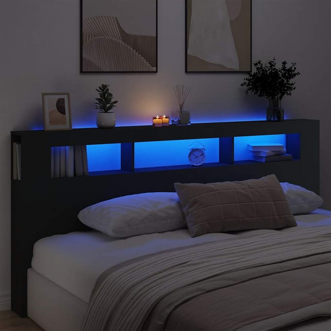 vidaXL - Hoofdeinde - met - LED - 220x18,5x103,5 - cm - bewerkt - hout - zwart