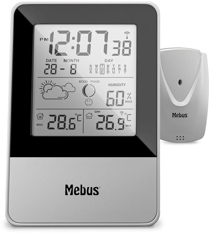 Funkgesteurde Weerstation met Buitensensor, Thermometer, Hygrometer, Radioklok en Weersvoorspelling